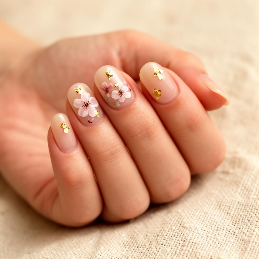 Nude nails with hand-painted floral and gold leaf