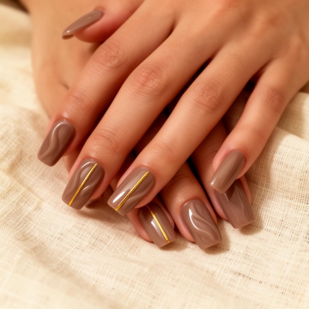 Sculpted gel taupe nails with gold accent