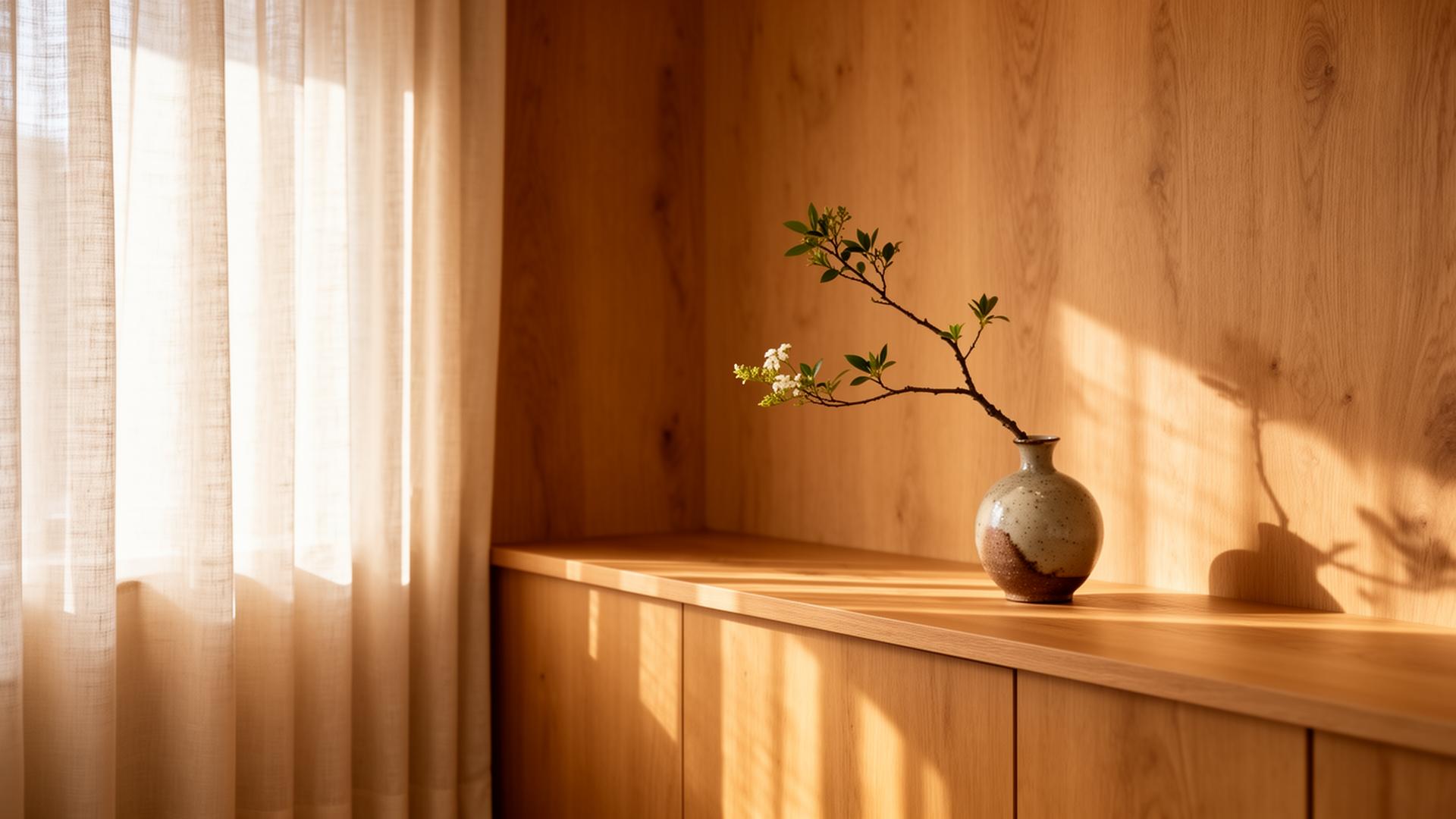 Warm oak interior of Lumière studio with soft natural light